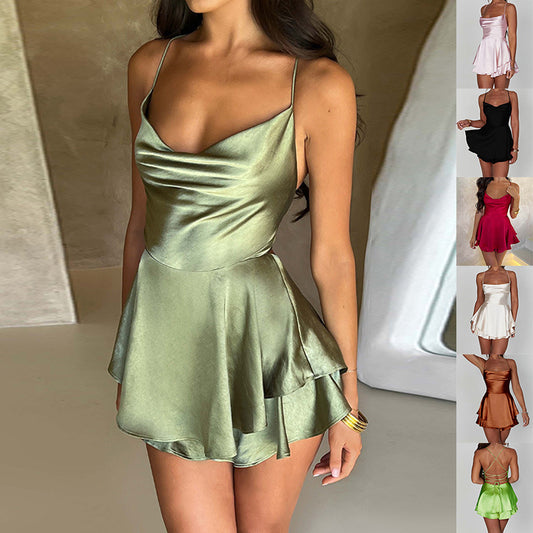 Elegant Satin Lace-Up Suspender Dress – Slim A-Line Style