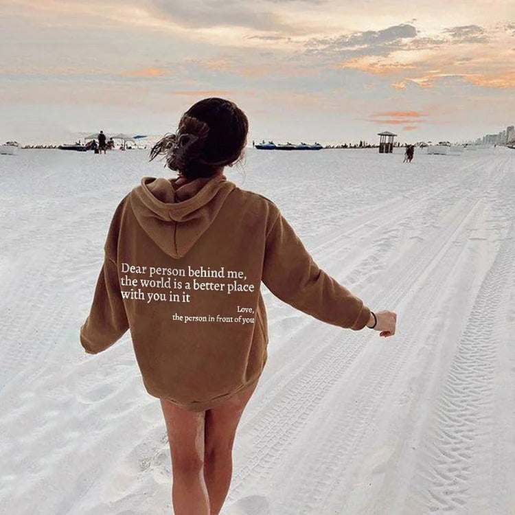 Dear Person" Letter Print Hoodie – Plush, Trendy Unisex Pullover with Kangaroo Pocket