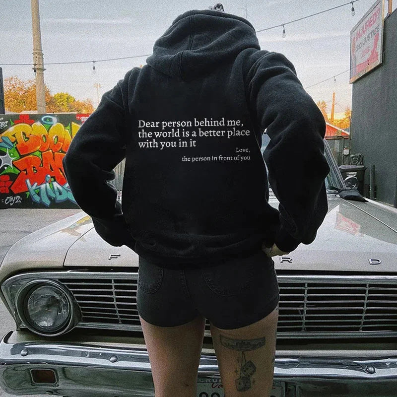 Dear Person" Letter Print Hoodie – Plush, Trendy Unisex Pullover with Kangaroo Pocket