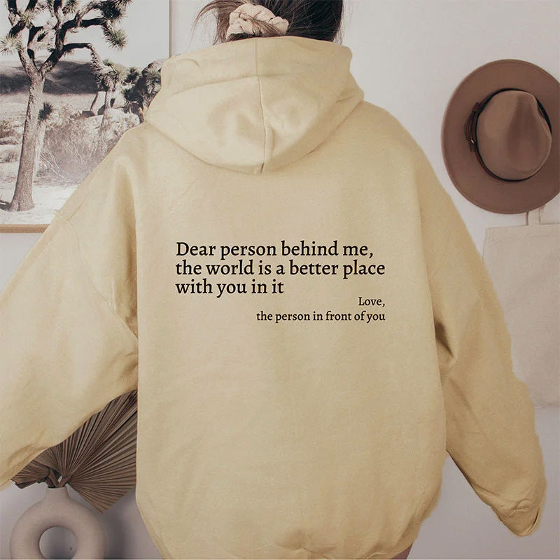 Dear Person" Letter Print Hoodie – Plush, Trendy Unisex Pullover with Kangaroo Pocket