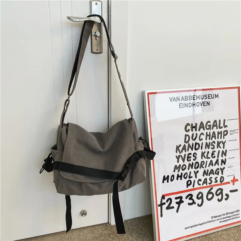 Men’s Canvas Crossbody Bag – Solid Color Casual School Satchel