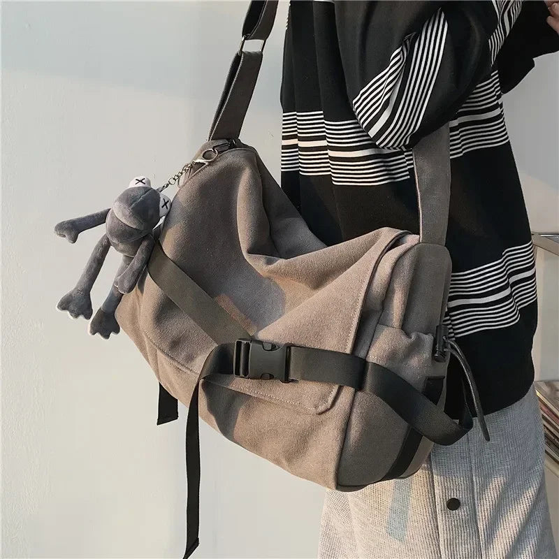 Men’s Canvas Crossbody Bag – Solid Color Casual School Satchel