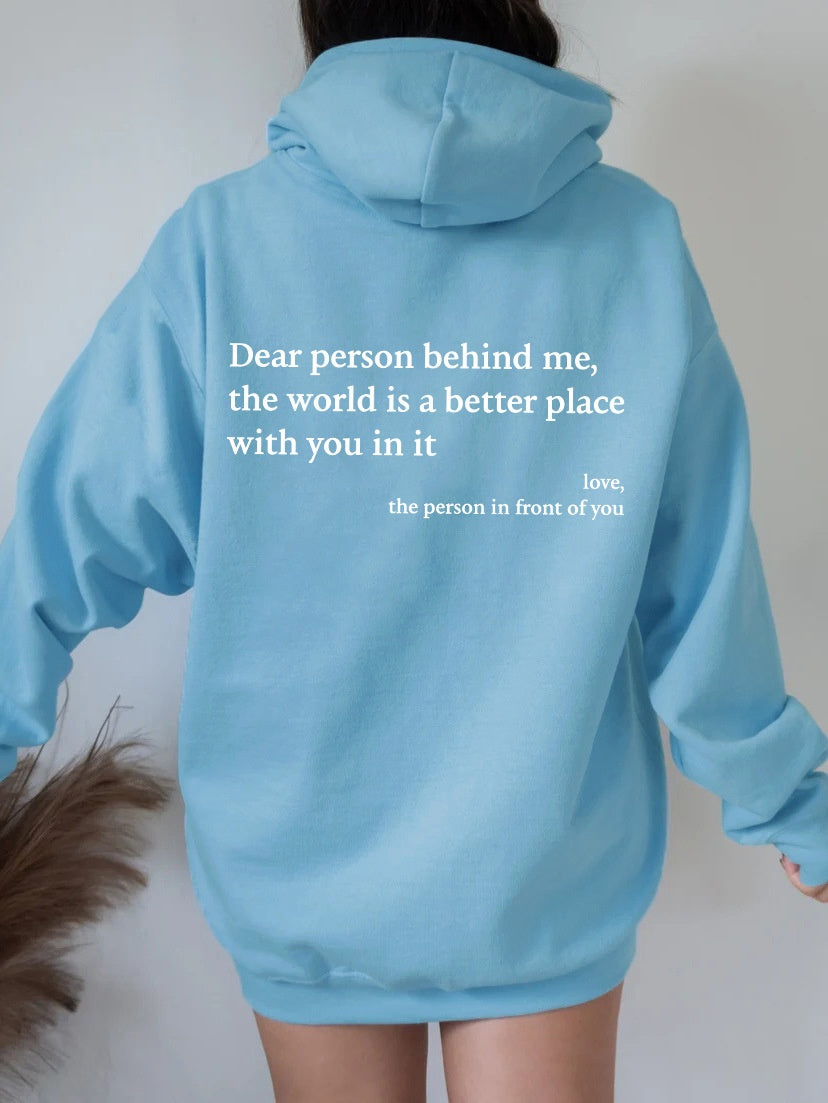Dear Person" Letter Print Hoodie – Plush, Trendy Unisex Pullover with Kangaroo Pocket