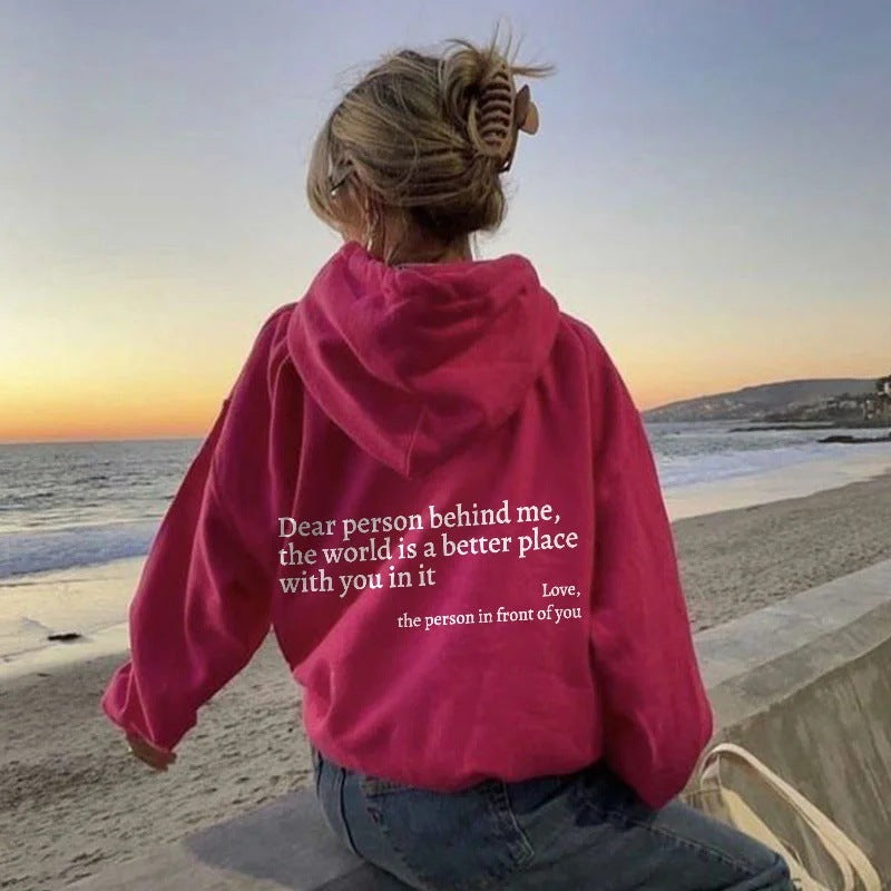 Dear Person" Letter Print Hoodie – Plush, Trendy Unisex Pullover with Kangaroo Pocket