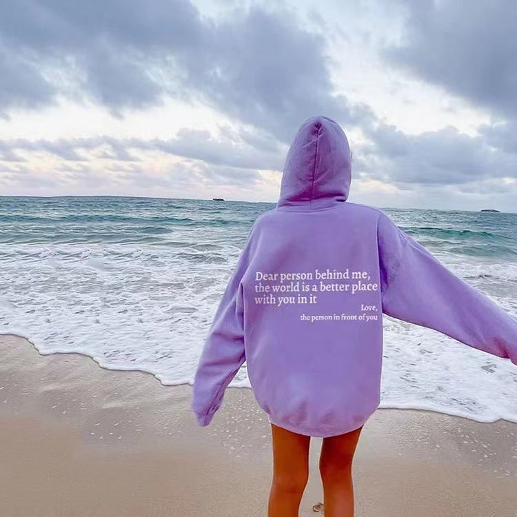 Dear Person" Letter Print Hoodie – Plush, Trendy Unisex Pullover with Kangaroo Pocket