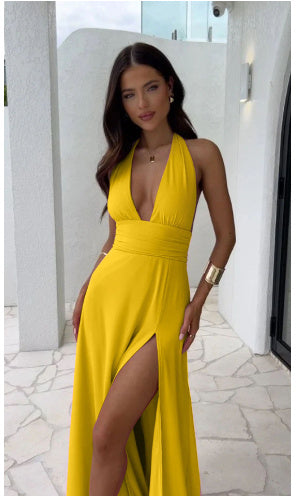 Sexy Halter V-Neck Backless Slit Dress – Strappy Summer Fashion for Women